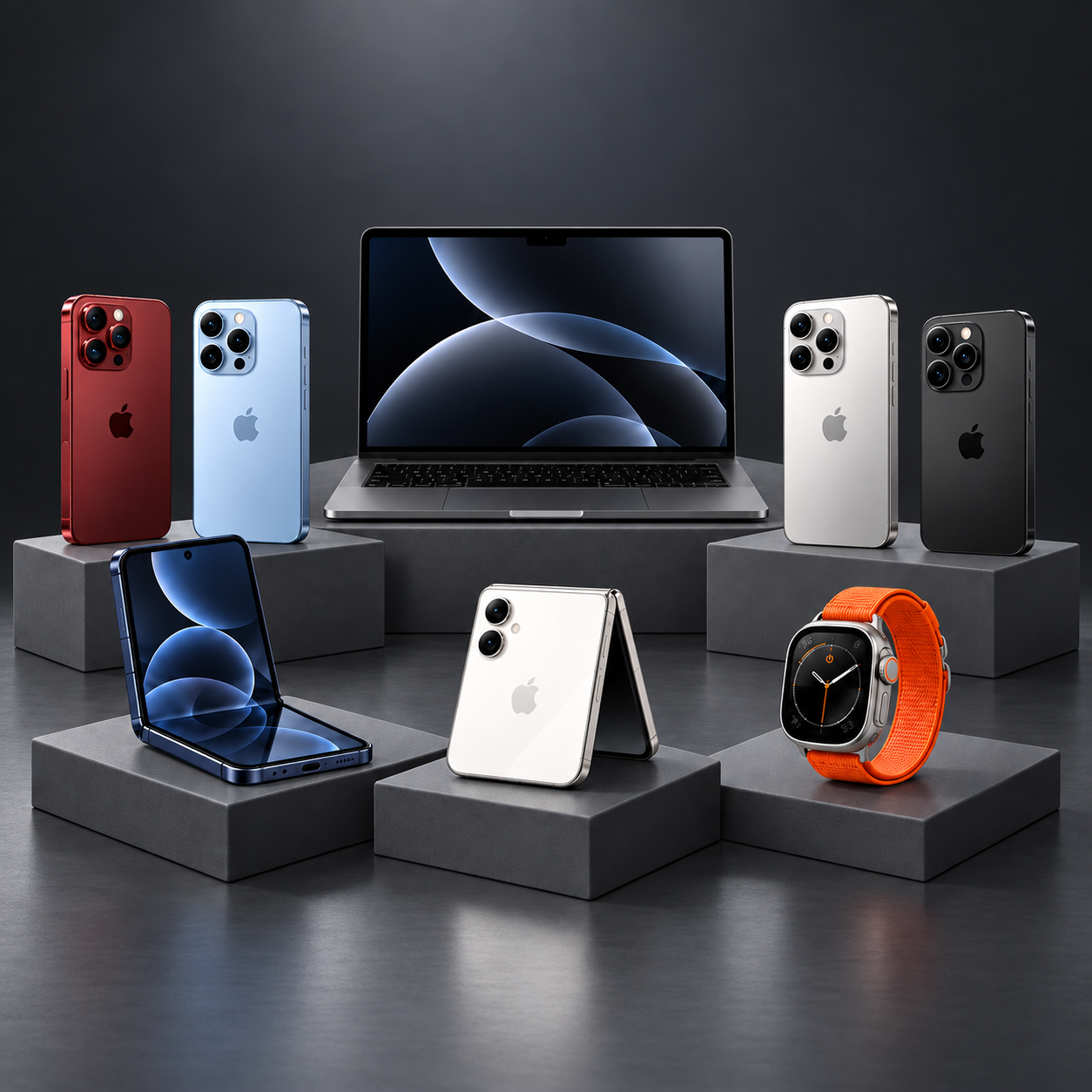 AI-generated illustration of phones in six finishes, an open laptop and an orange-band smartwatch on charcoal studio platforms